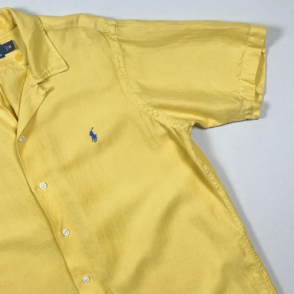Polo Ralph Lauren Camp Shirt Mens Medium Silk Linen Herringbone Resort Yellow